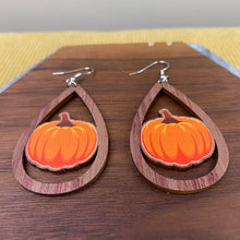 Load image into Gallery viewer, Wooden Teardrop Cutout Earrings - Fall - Pumpkin