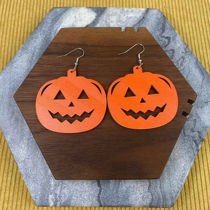 Wooden Dangle Earrings - Fall - Pumpkin Face