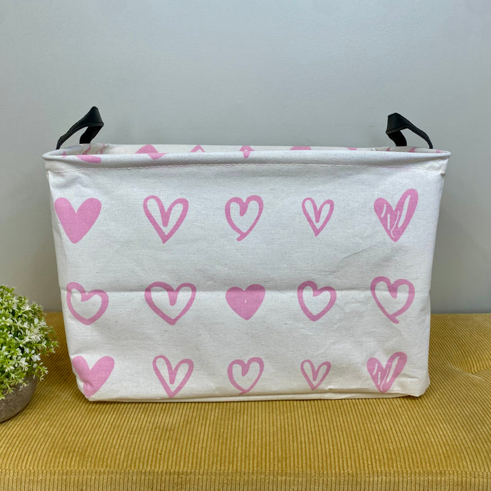 Pop Up Canvas Basket - Valentine’s Day - Pink Hearts on Ivory