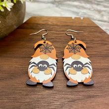 Load image into Gallery viewer, Wooden Dangle Earrings - Halloween - Gnome Spider Web