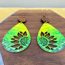 Load image into Gallery viewer, Wooden Dangle Earrings - Green Cutout Sunflower