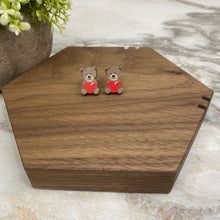 Load image into Gallery viewer, Wooden Stud Earrings - Heart Bear - #12