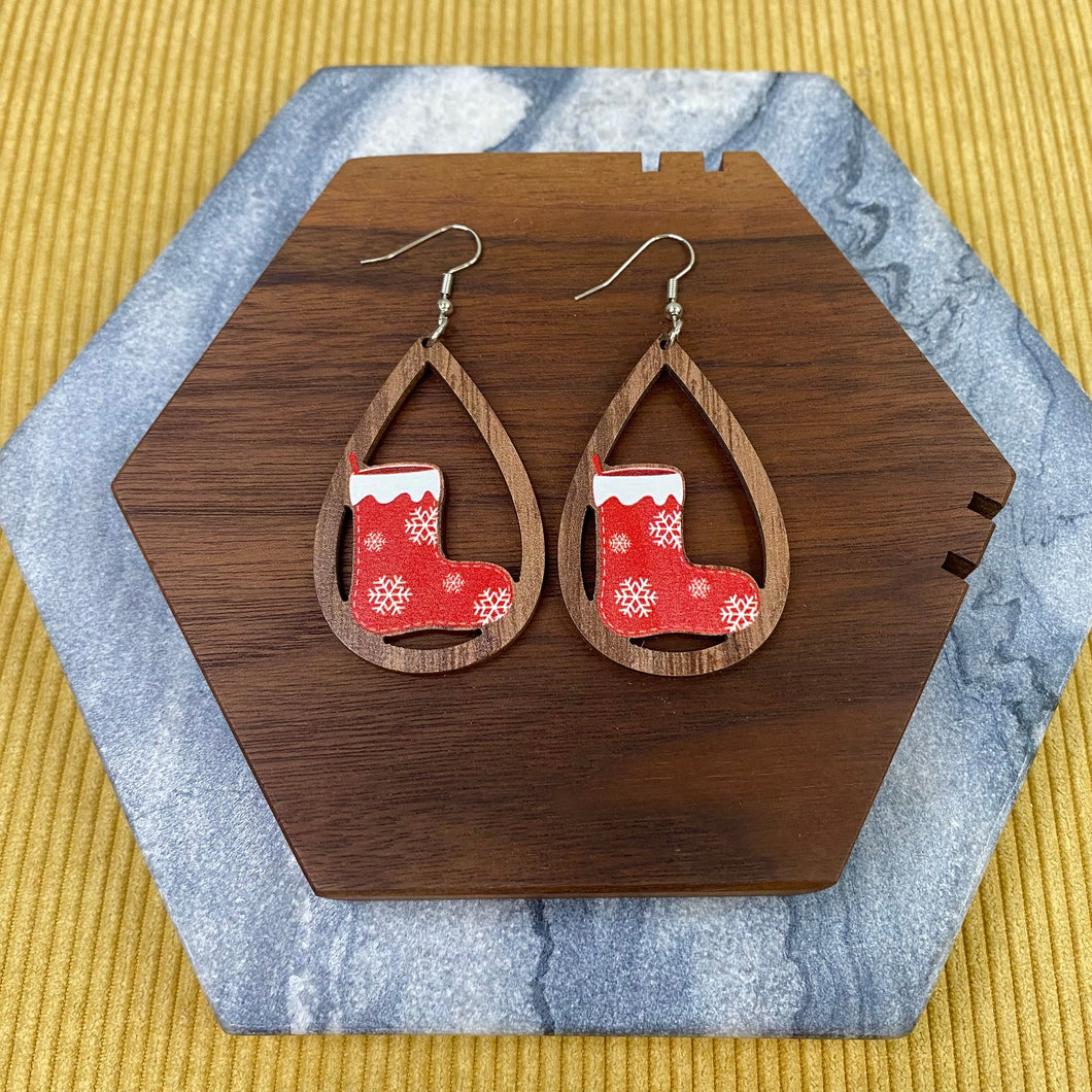 Wooden Teardrop Cutout Earrings - Christmas - Stocking