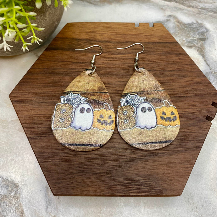 Faux Leather Earrings - Halloween - Boo