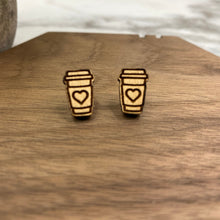 Load image into Gallery viewer, Wooden Stud Earrings - Coffee Cup Heart #2