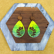 Load image into Gallery viewer, Wooden Dangle Earrings - Green Cutout Sunflower