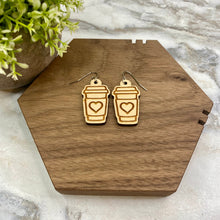 Load image into Gallery viewer, Wooden Dangle Earrings - Coffee Cup Heart #2