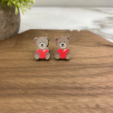 Load image into Gallery viewer, Wooden Stud Earrings - Heart Bear - #12