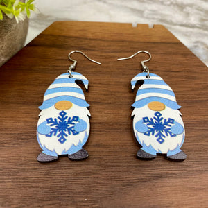 Wooden Dangle Earrings - Winter - Gnome Blue Snowflake