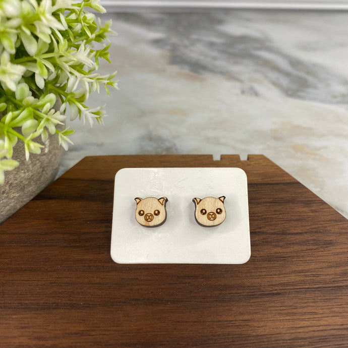 Wooden Stud Earrings - Pig Face