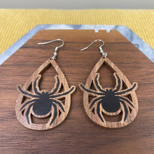 Load image into Gallery viewer, Wooden Teardrop Cutout Earrings - Halloween Spider