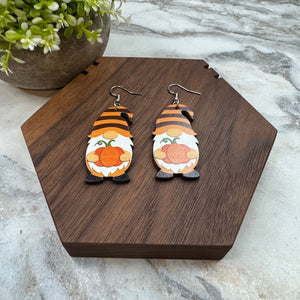 Wooden Dangle Earrings - Fall - Gnome Pumpkin