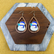 Load image into Gallery viewer, Wooden Teardrop Cutout Earrings - Winter - Snowman