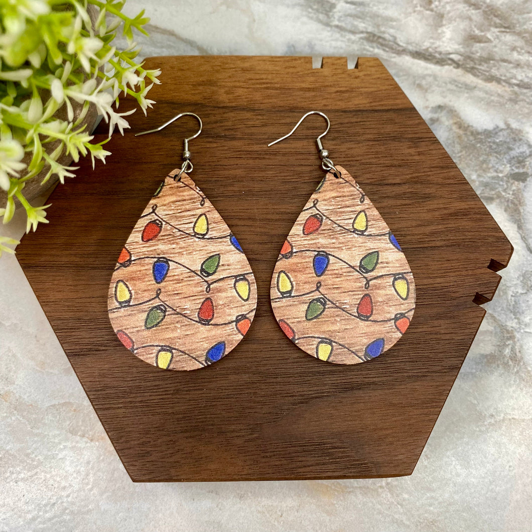 Wooden Dangle Earrings - Christmas - Lights