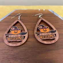 Load image into Gallery viewer, Wooden Teardrop Cutout Earrings - Halloween - Welcome Witch Pumpkin Broom