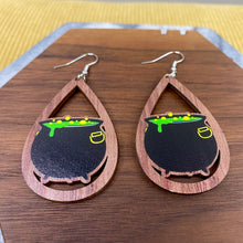 Load image into Gallery viewer, Wooden Teardrop Cutout Earrings - Halloween - Cauldron