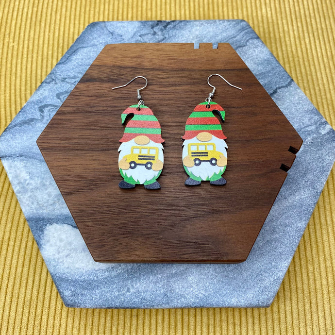 Wooden Dangle Earrings - Teacher Gnome Bus