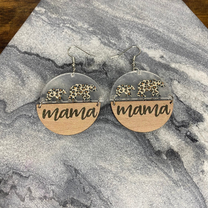 Wood & Acrylic Earrings - Half & Half - Mama Bear Animal Print