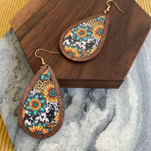 Load image into Gallery viewer, Wooden Teardrop Cutout Earrings - Turquoise Sunflower