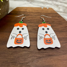 Load image into Gallery viewer, Wooden Dangle Earrings - Halloween - Ghost Pumpkin Hat Bag