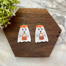 Load image into Gallery viewer, Wooden Dangle Earrings - Halloween - Ghost Pumpkin Hat Bag